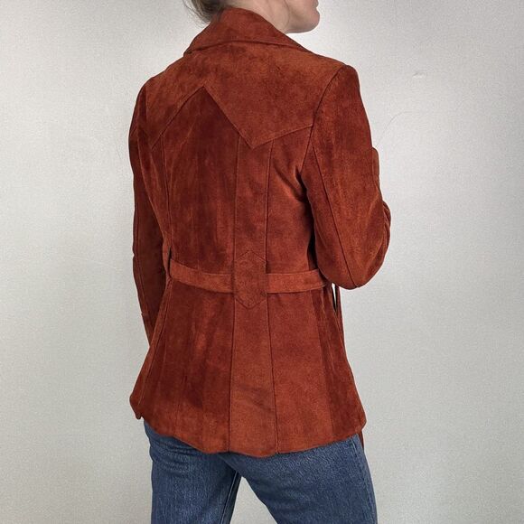Vintage 70s Rust Suede Leather Jacket | Retro Belted Coat | Made in Korea - Picture 6 of 15